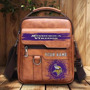 Minnesota Vikings Custom Name Men Leather Crossbody Bag, Cell Phone Purse, Zipper Shoulder Bag VS01