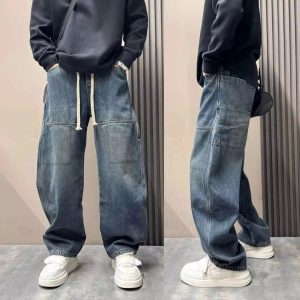 Men Washed Blue Wide Leg Cargo Jeans