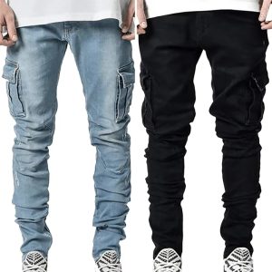Men's Elastic Slim Fit Cargo Jeans Multi Pocket Denim Pants