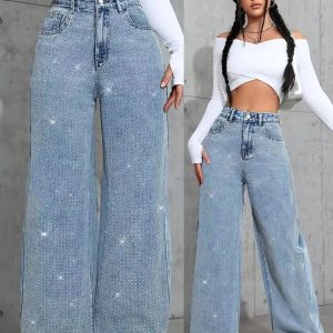 Women's Plus Size Loose Straight Leg Embroidered Denim Jeans