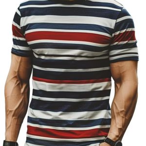 Simple Stripe Printed T Shirts For Men Summer Casual O-Neck Short Sleeve VS01