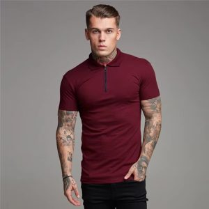 Men’s Cotton Slim Fit Zip Polo Shirt Short Sleeve Streetwear Tee