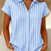 Women’s Vertical Stripe Button Shirt Short Sleeve Lapel Casual Blouse