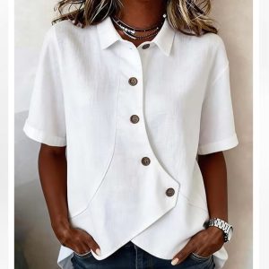 Women’s Solid Irregular Short Sleeve Blouse Elegant Casual Summer Top