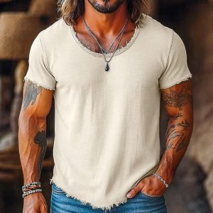 Men's Vintage Ripped Cotton Blend T-Shirt Casual Loose Fit Tee