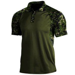 Men’s Camouflage Patchwork Print Polo Shirt Short Sleeve Summer Tee