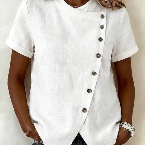 Women’s Casual Solid Blouse Short Sleeve Loose Summer Shirt